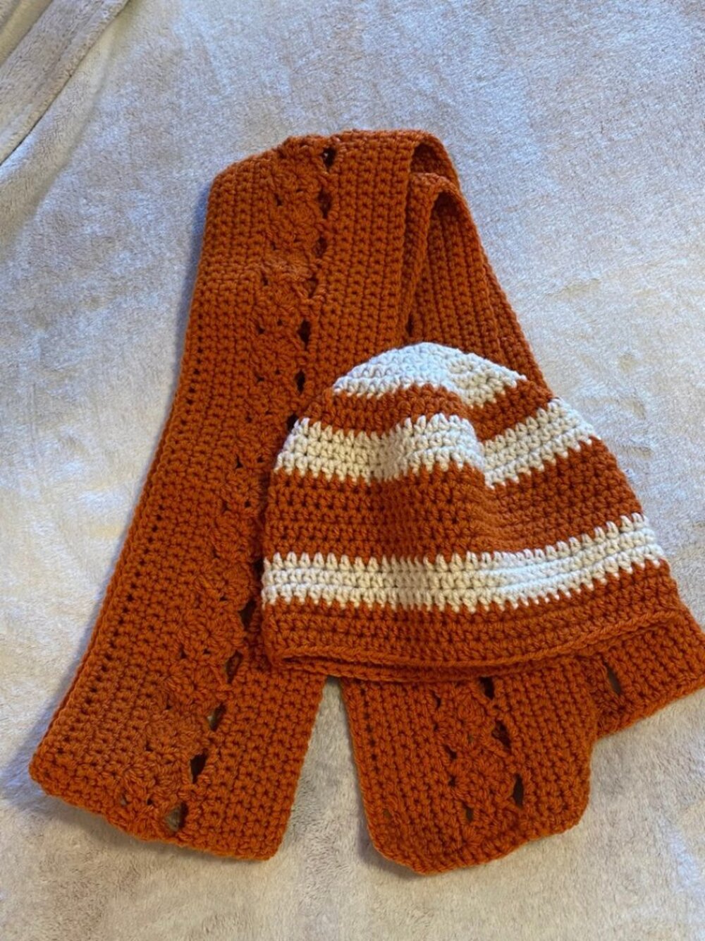 Crocheted Handmade Hand Scarf Beanie Hat Set Ski Winter Warm Burnt Orange White